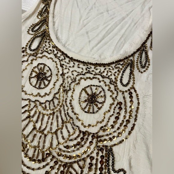GUC BUFFALO DAVID BITTON Beige Gold Beaded Owl Tank Top, SZ XS - Picture 4 of 5